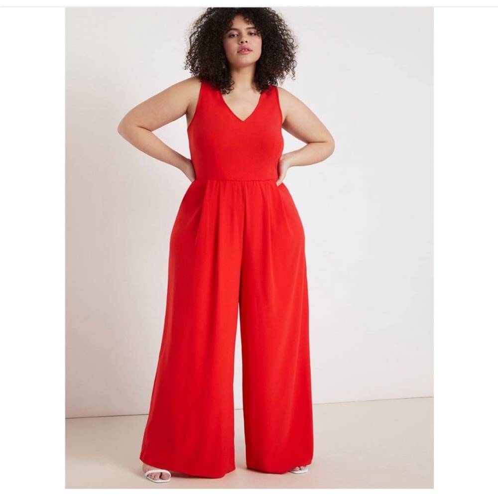 NWT Eloquii Palazzo Pant Jumpsuit Red V Neck Wide Leg Size 16